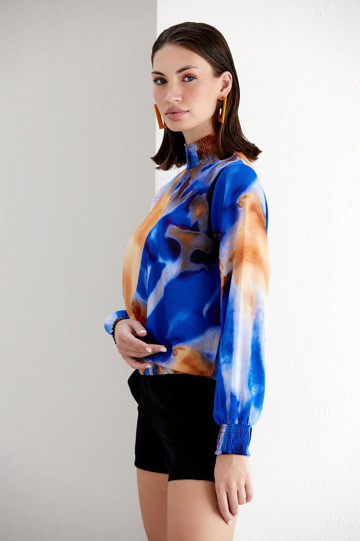 High Neck Long Sleeve Oversize Top in Blue Abstract print