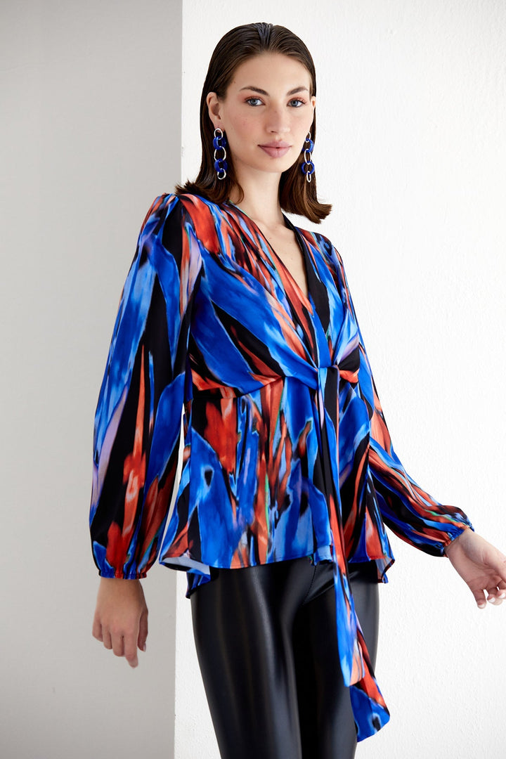 Long Sleeve Wrap Knot Top in Blue Orange Abstract print