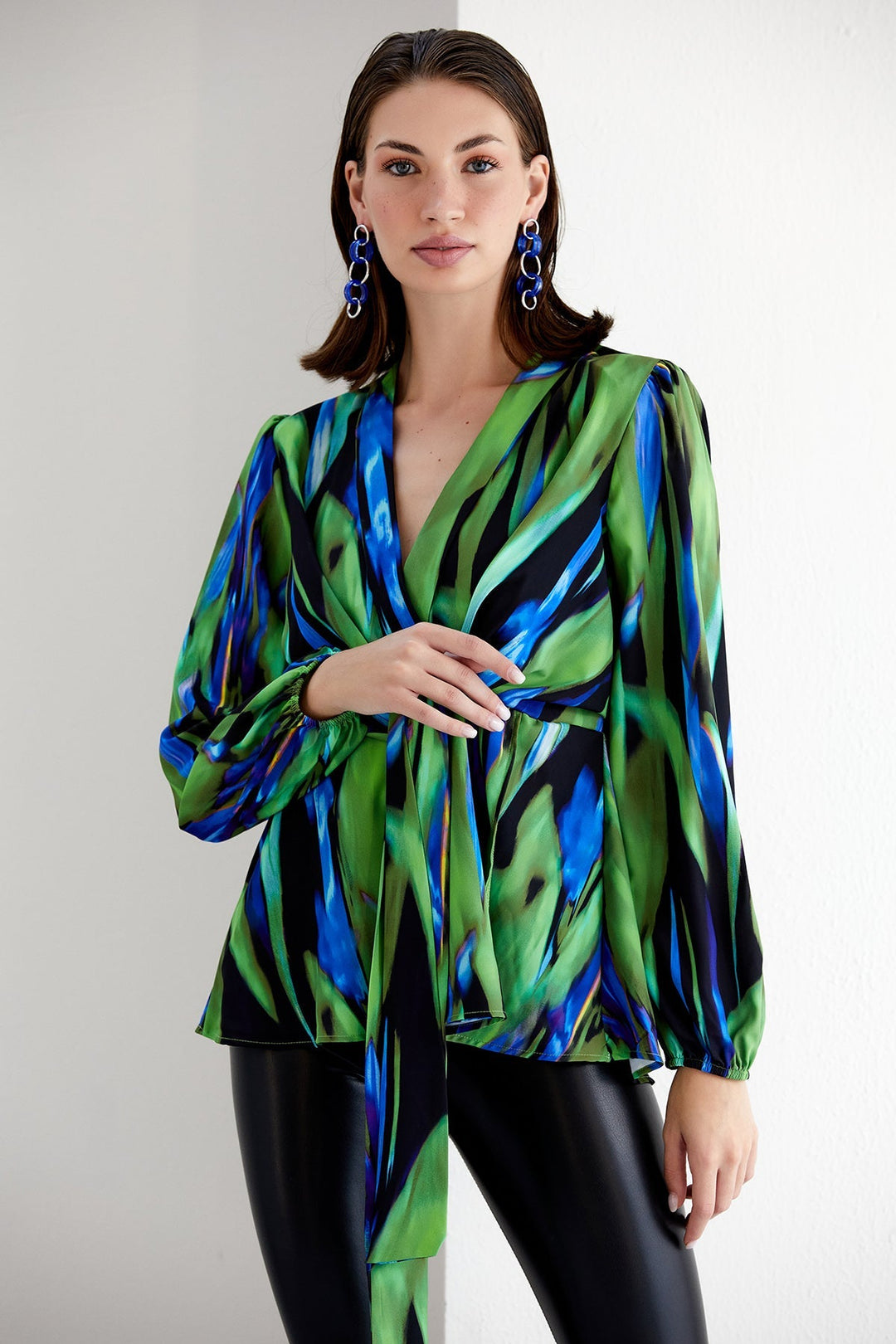 Long Sleeve Wrap Knot Top in Green Blue Abstract print