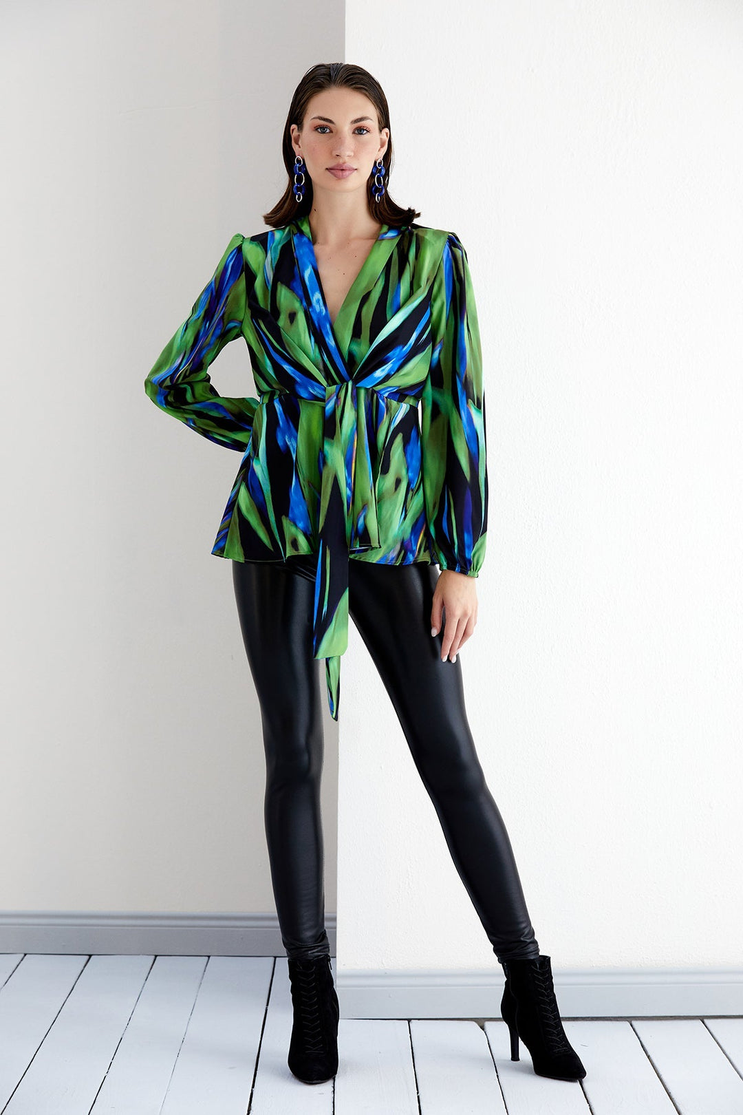 Long Sleeve Wrap Knot Top in Green Blue Abstract print