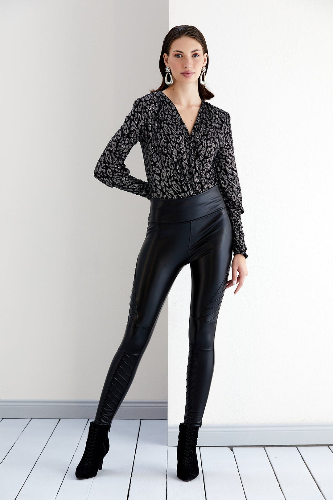 Silver Shiny Leopard print Long Sleeve Bodysuit