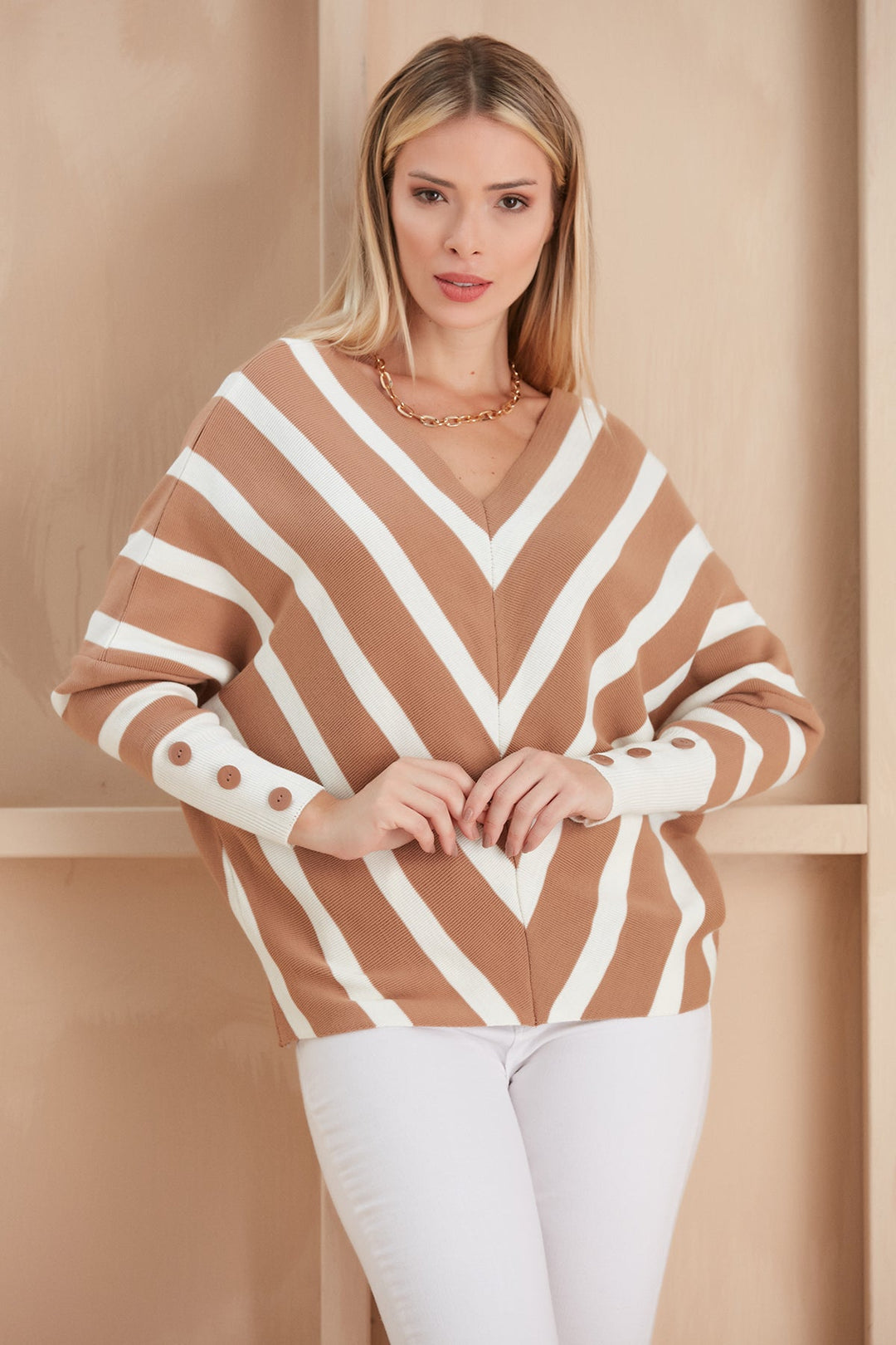 Off Shoulders Striped Knitted Sweater with Buttons - jqwholesale.com