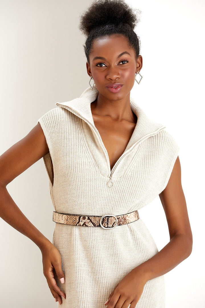 Wide Zip Collar Knitted Maxi Dress in Beige