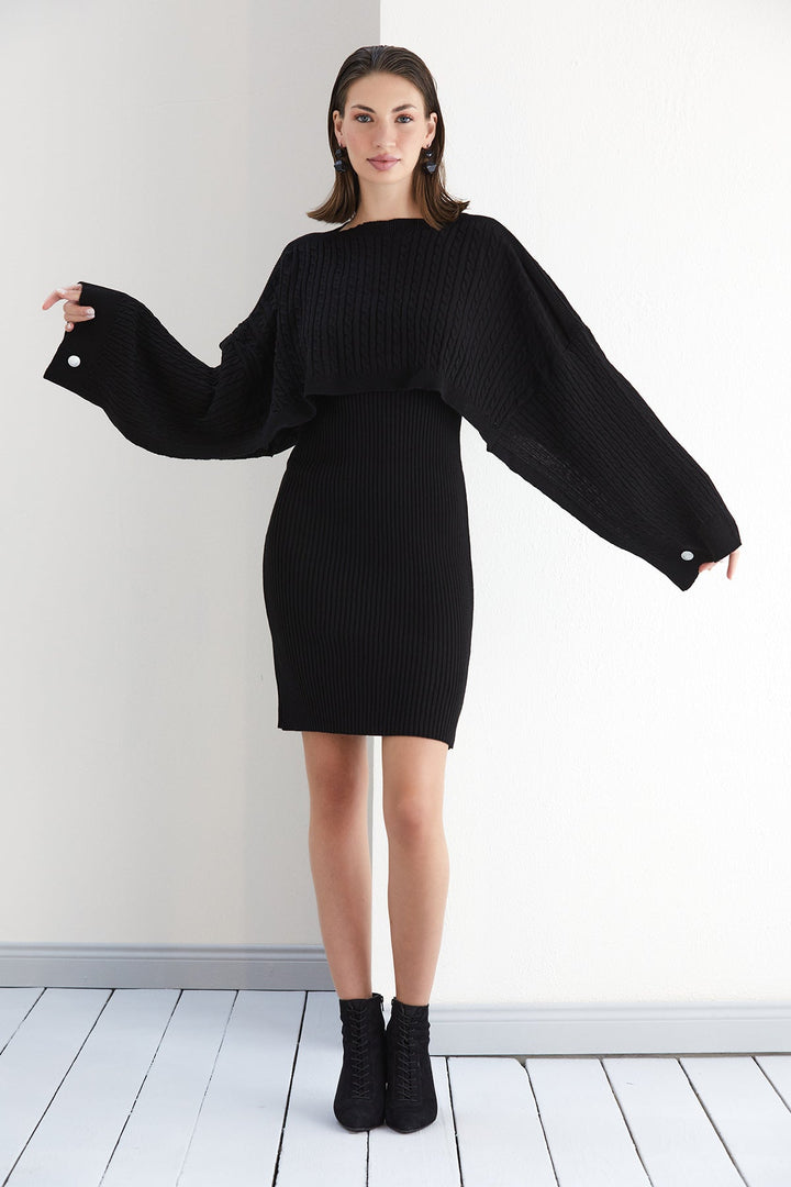 Knitted Midi Dress with Oversize Crop Bolero in Black