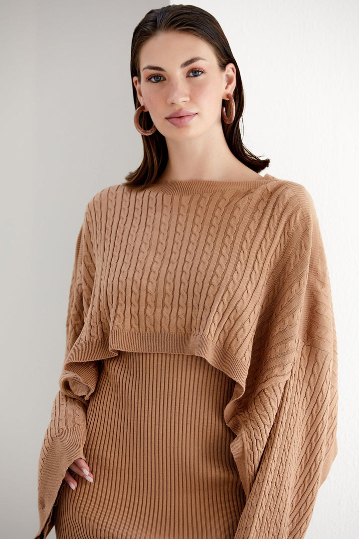 Knitted Midi Dress with Oversize Crop Bolero in Camel