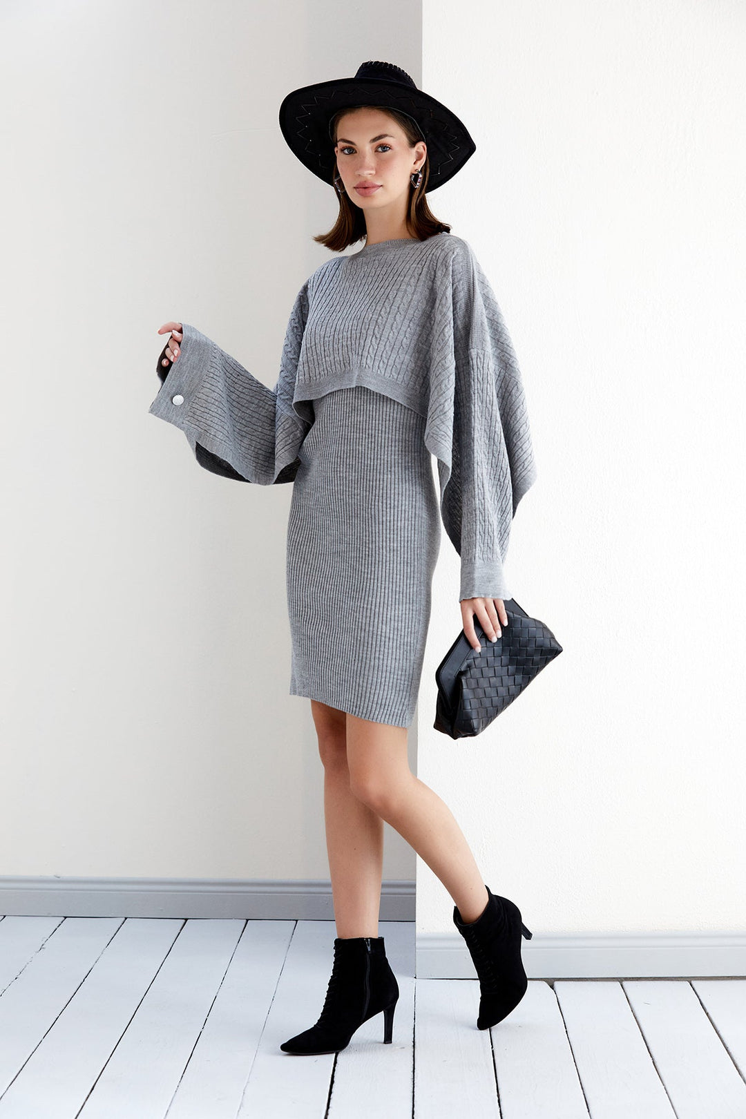Knitted Midi Dress with Oversize Crop Bolero in Grey