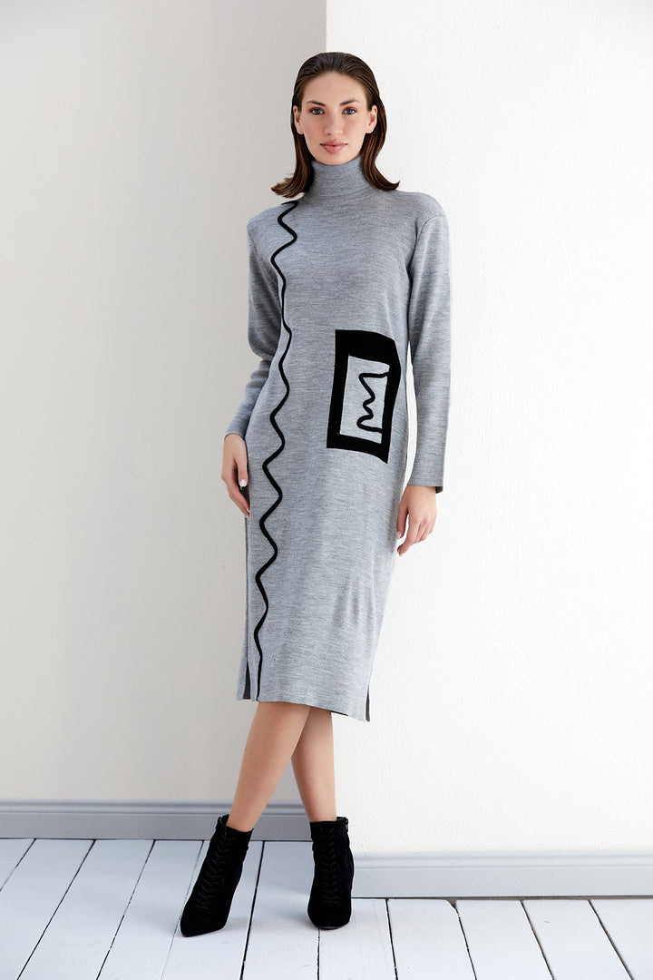 High Neck ZigZag Knitted Midi Dress in Grey - jqwholesale.com