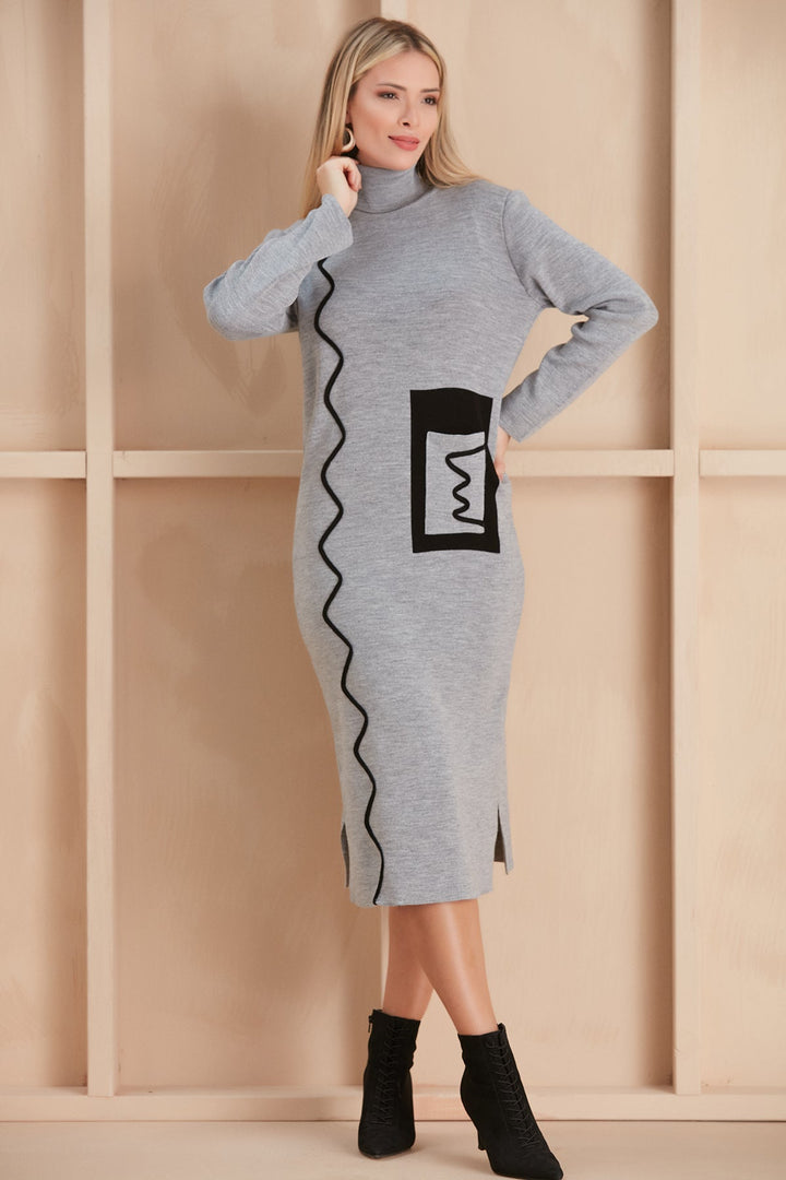 High Neck ZigZag Knitted Midi Dress - jqwholesale.com