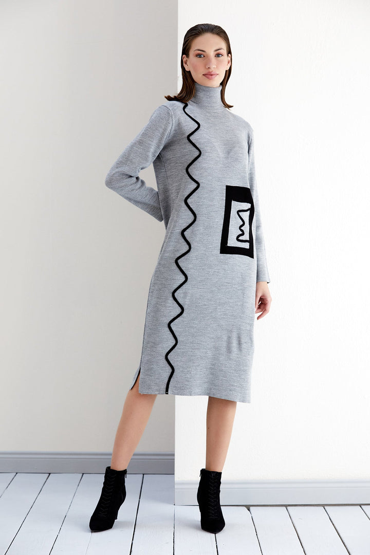 High Neck ZigZag Knitted Midi Dress in Grey - jqwholesale.com