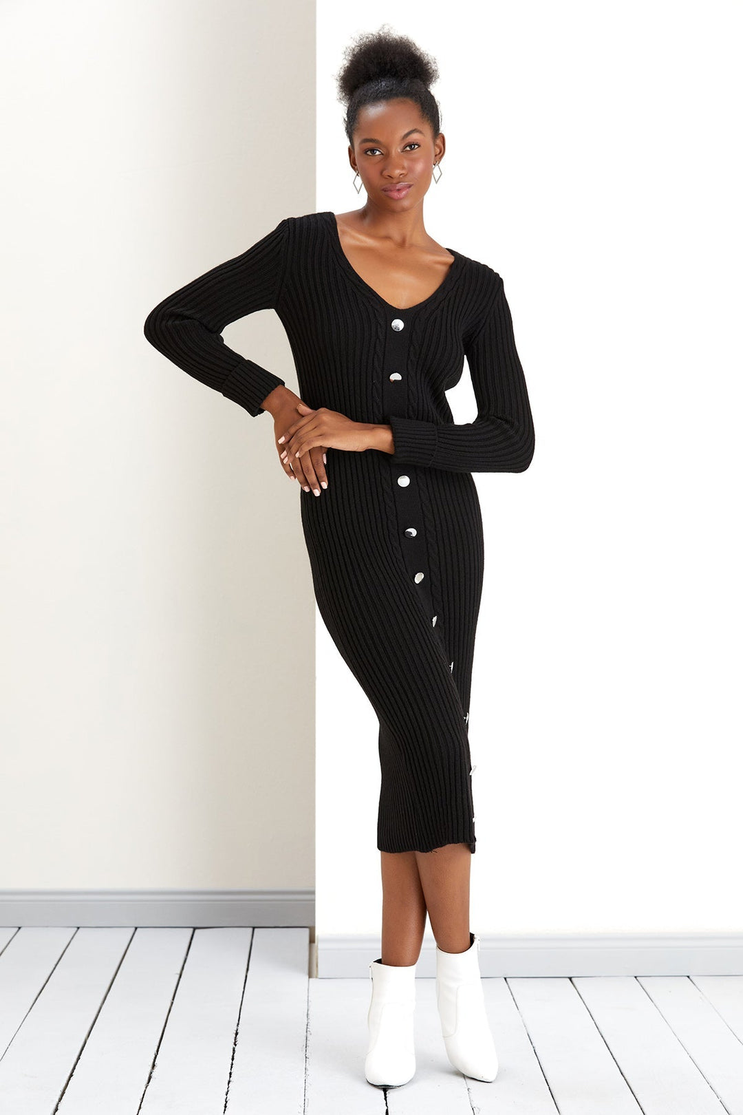 V Neck Knitted Midi Dress with Buttons in Black (PRE-ORDER) - jqwholesale.com