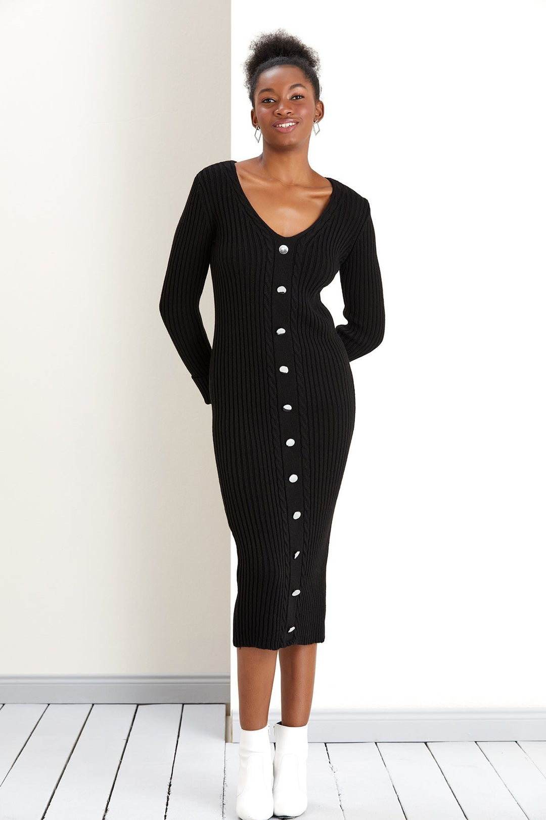 V Neck Knitted Midi Dress with Buttons in Black (PRE-ORDER) - jqwholesale.com
