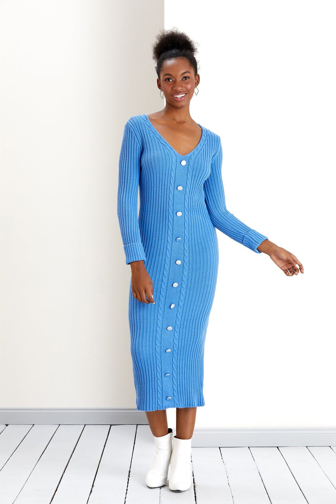V Neck Knitted Midi Dress with Buttons in Blue (PRE-ORDER) - jqwholesale.com