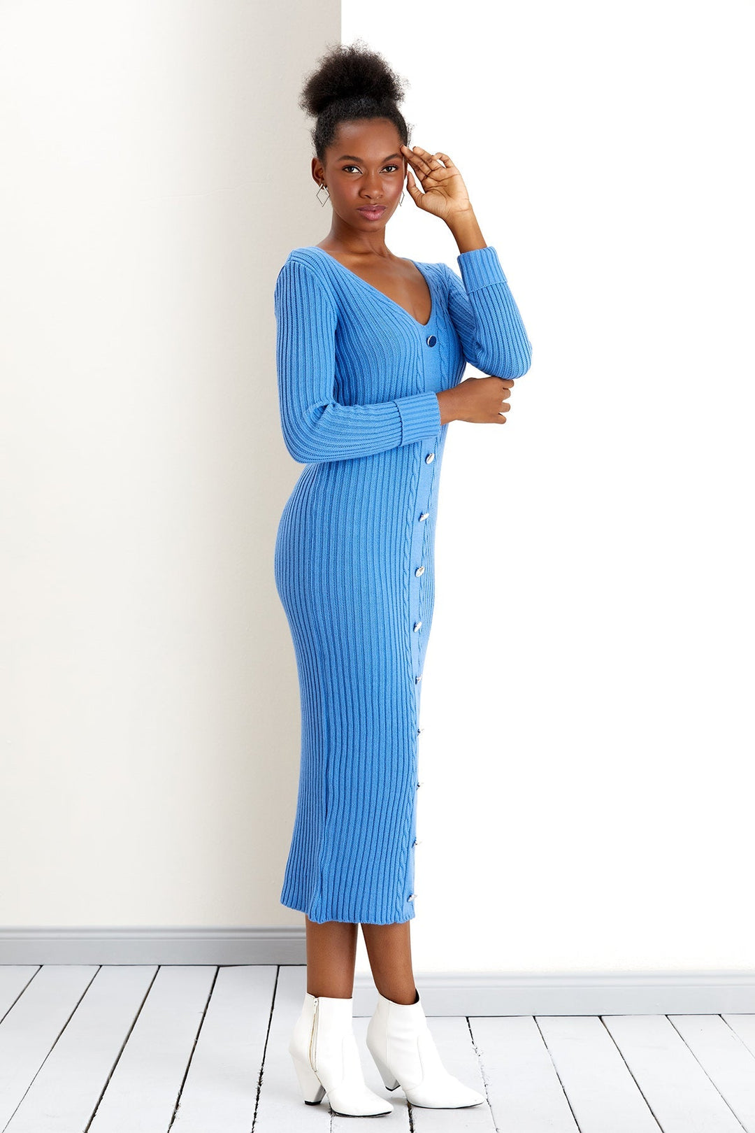 V Neck Knitted Midi Dress with Buttons in Blue (PRE-ORDER) - jqwholesale.com