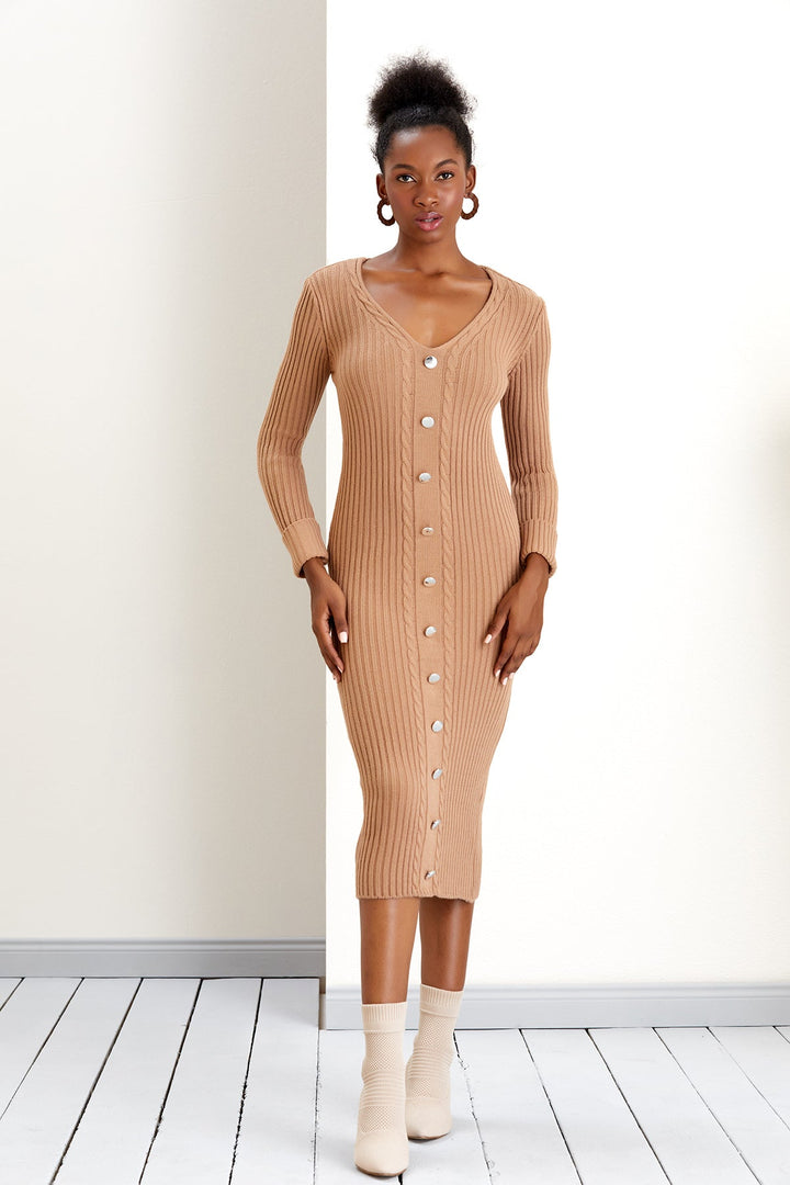 V Neck Knitted Midi Dress with Buttons in Camel (PRE-ORDER) - jqwholesale.com