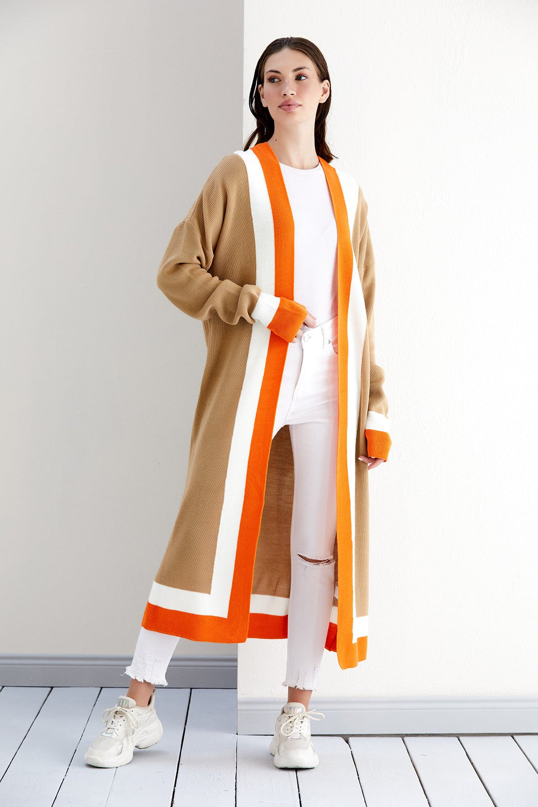 Longline ColourBlock Cardigan in Beige/Orange