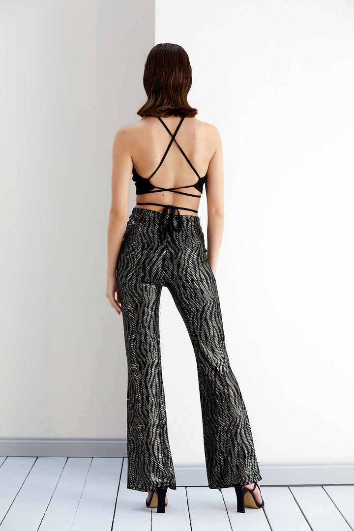 Shiny Gold Print High Waist Flare Trousers