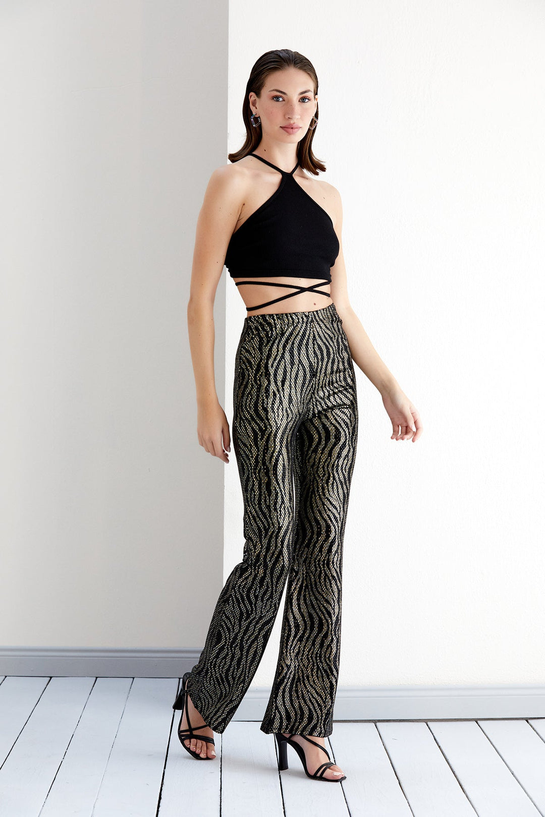Shiny Gold Print High Waist Flare Trousers