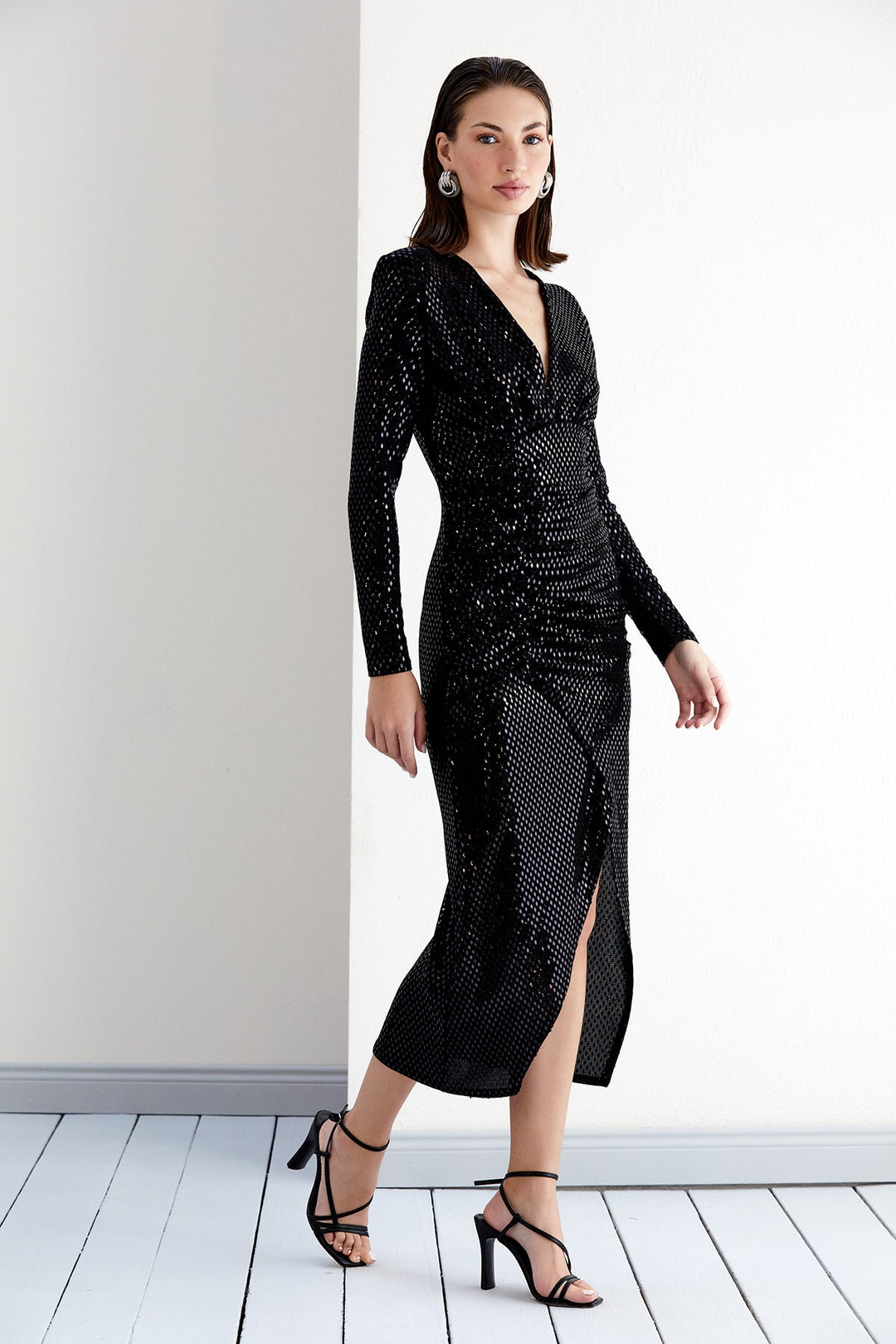 Sparkle Long Sleeve Midi Dress with Drape detailing in Black
