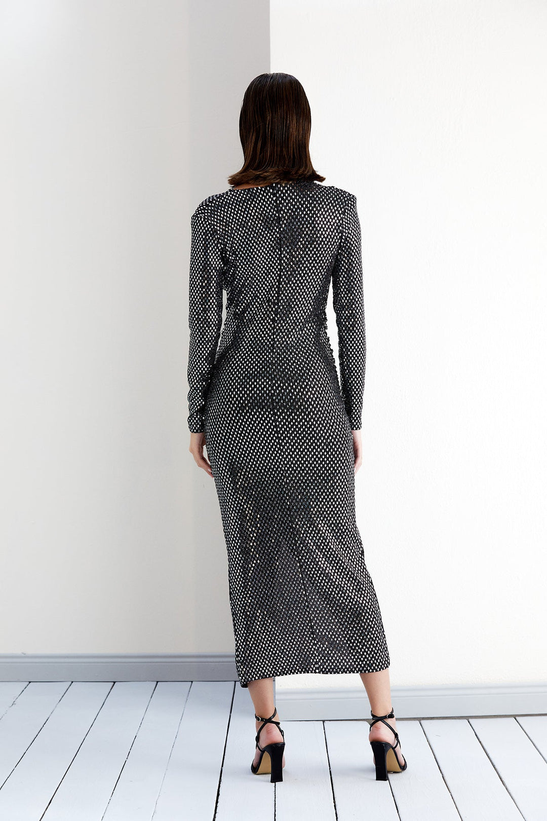 Sparkle Long Sleeve Midi Dress with Drape detailing in Silver