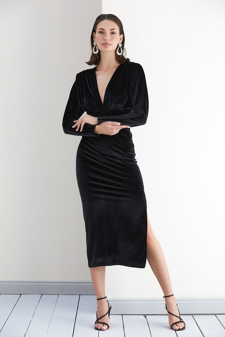 Velvet Long Sleeve Midi Dress with Side Slit in Black