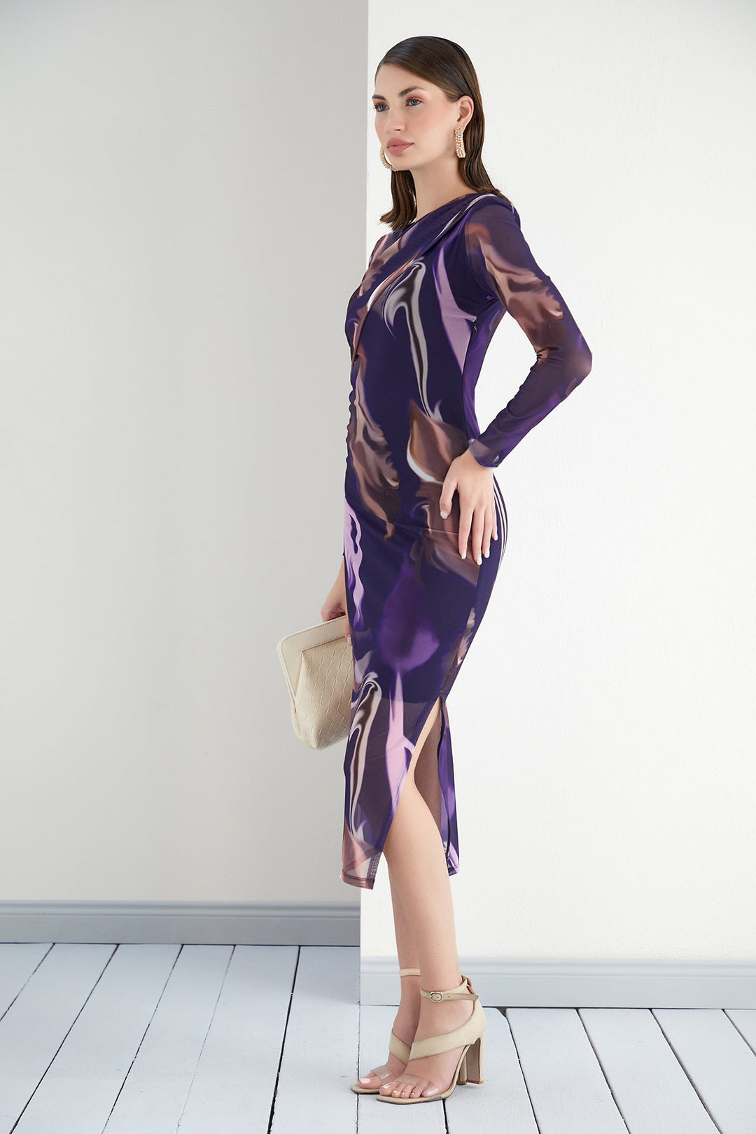 Long Sleeve Mesh Drape Midi Dress in Purple Abstract print