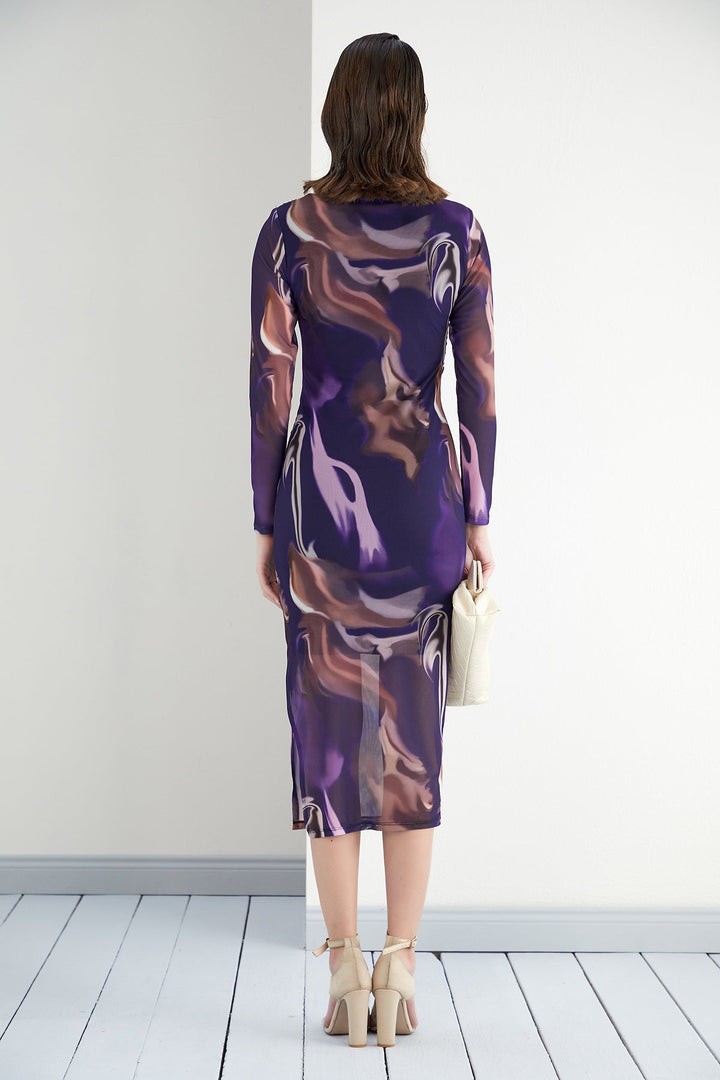 Long Sleeve Mesh Drape Midi Dress in Purple Abstract print