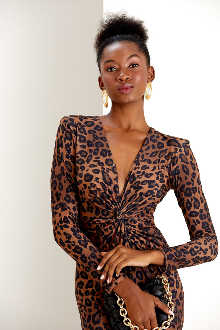Long Sleeve Twist Midi Dress in Leopard print - jqwholesale.com