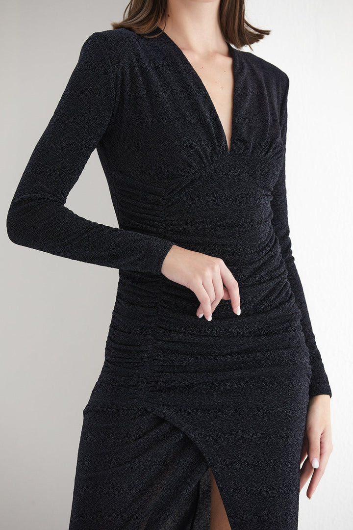 Mare Shimmer Long Sleeve Drape Midi Dress in Black