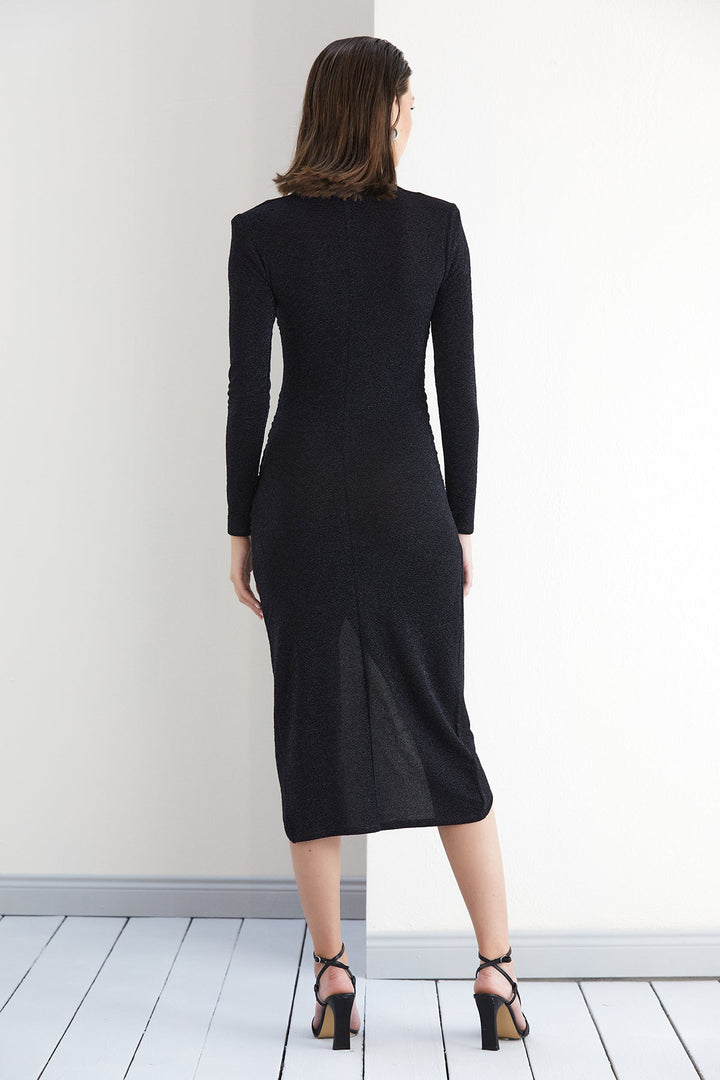 Mare Shimmer Long Sleeve Drape Midi Dress in Black