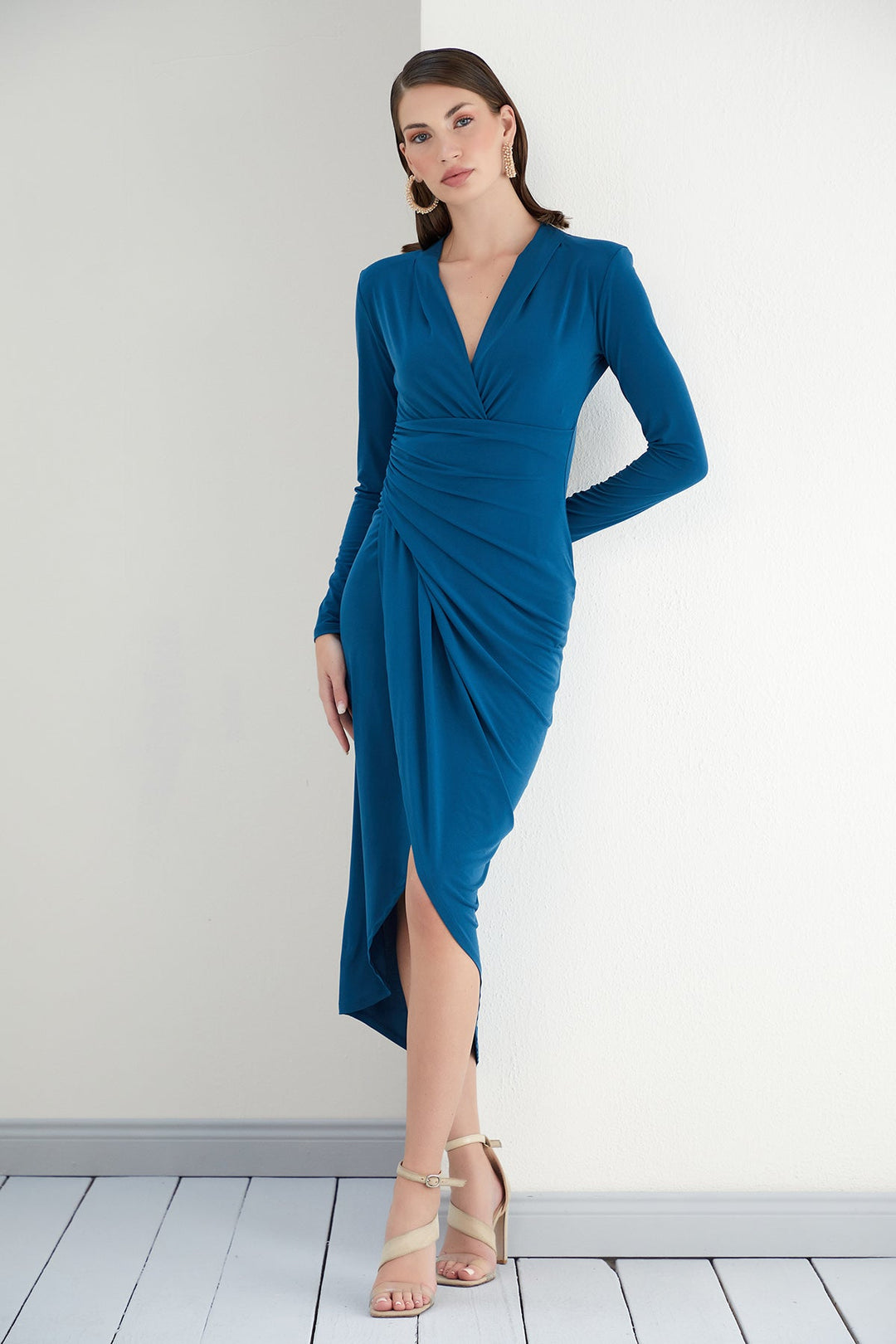 Forever Long Sleeve Wrap Midi dress in Teal
