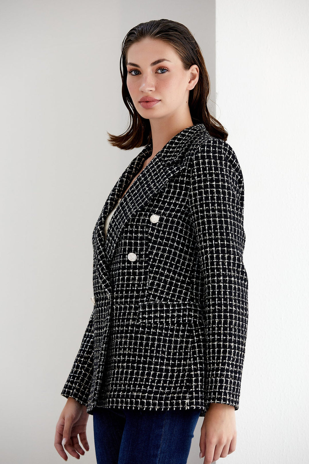 Black/White Check Tweed Double Breasted Blazer