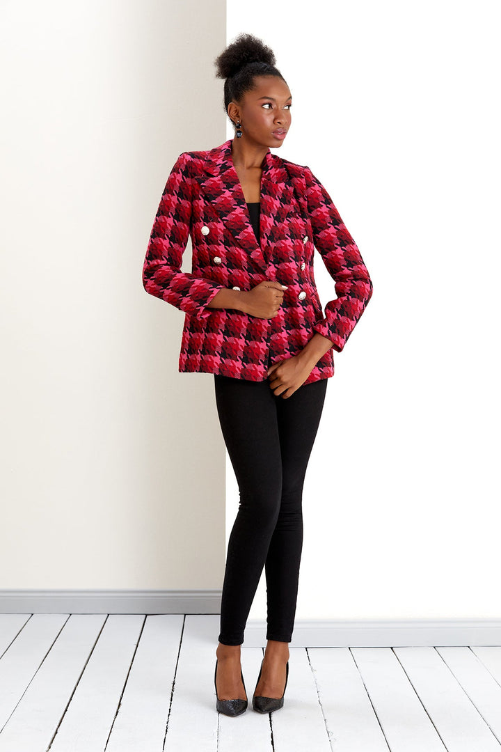 Fuchsia Pink Check Tweed Double Breasted Blazer - jqwholesale.com