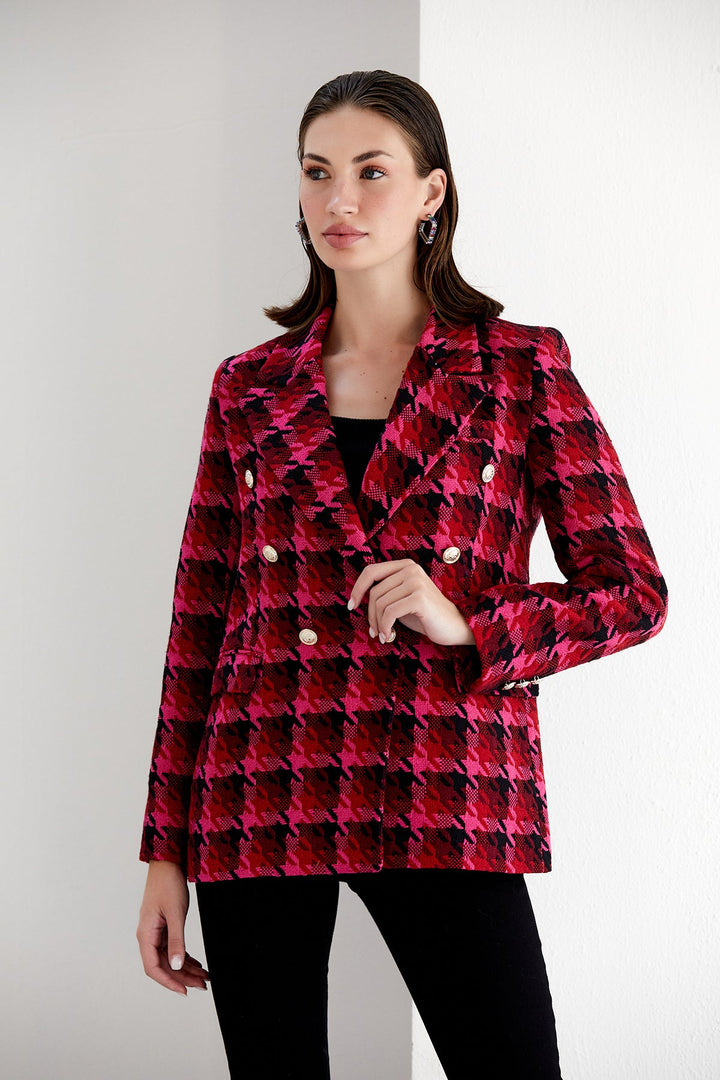 Fuchsia Pink Check Tweed Double Breasted Blazer