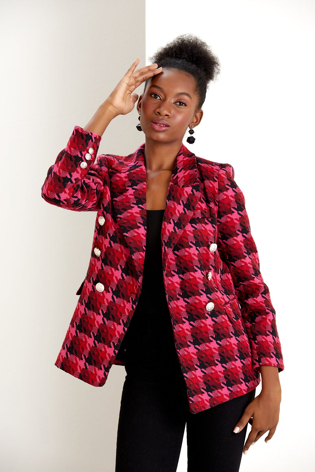 Fuchsia Pink Check Tweed Double Breasted Blazer - jqwholesale.com