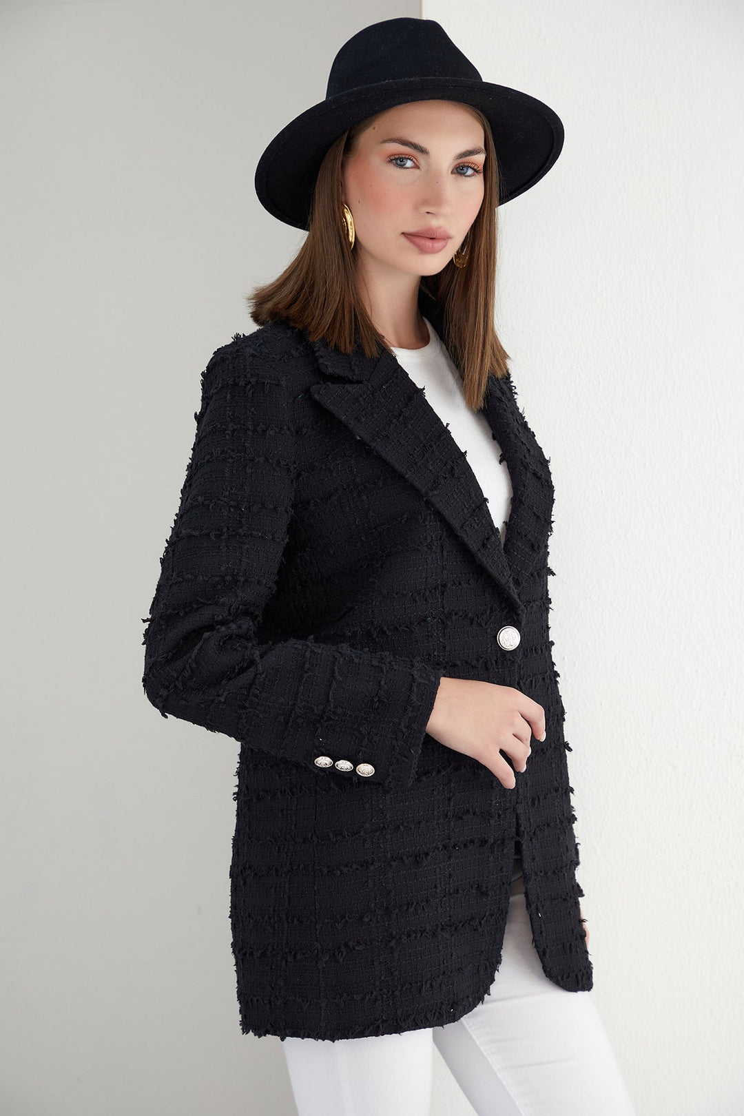 Black Textured Tweed Blazer with 1 Button