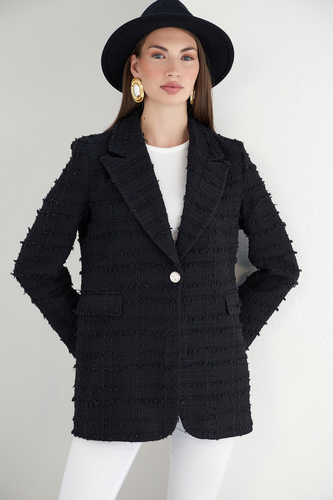 Black Textured Tweed Blazer with 1 Button