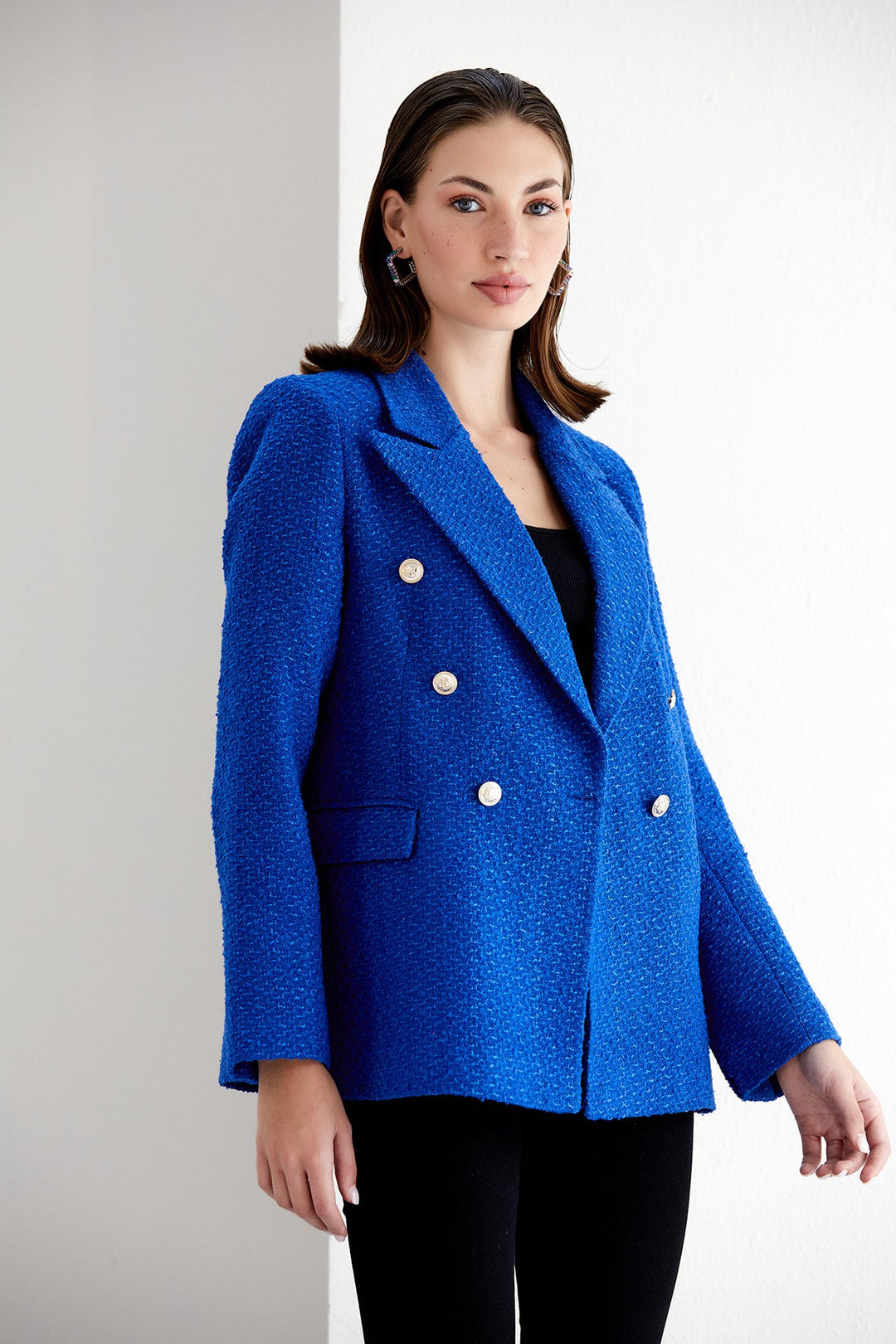 Blue Tweed Double Breasted Blazer