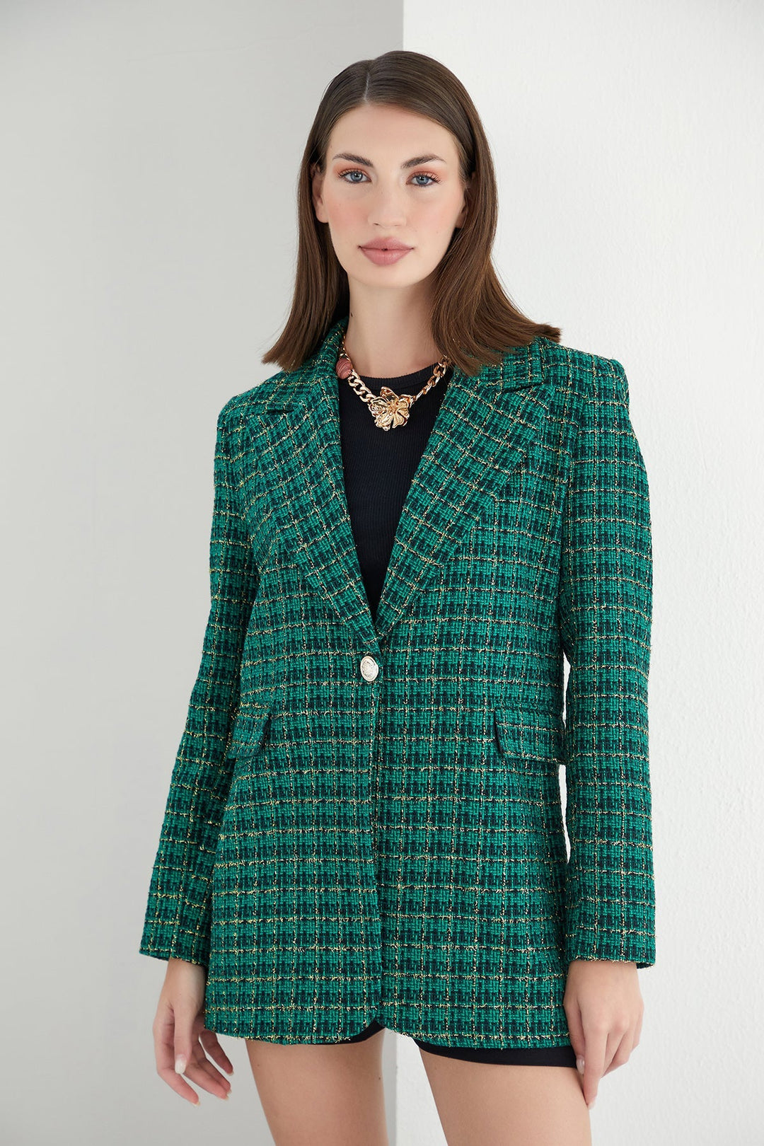 Green Check Tweed Shiny Blazer with 1 Button