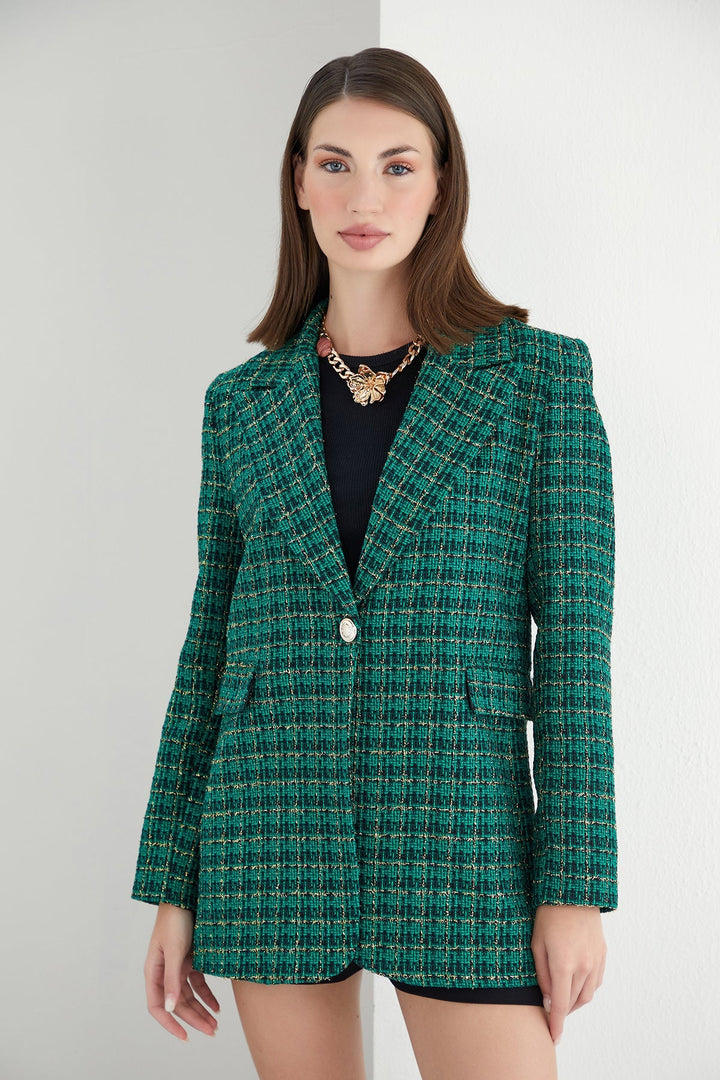 Green Check Tweed Shiny Blazer with 1 Button