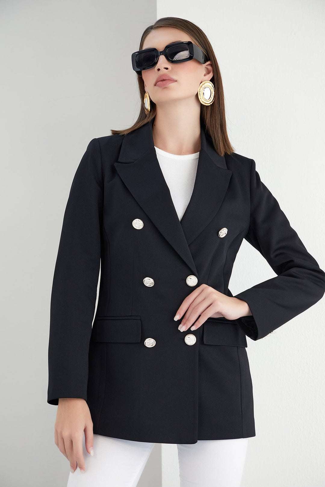 Double Breasted Blazer with Gold Buttons in Black