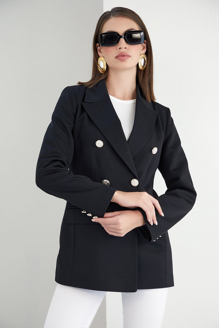 Double Breasted Blazer with Gold Buttons in Black