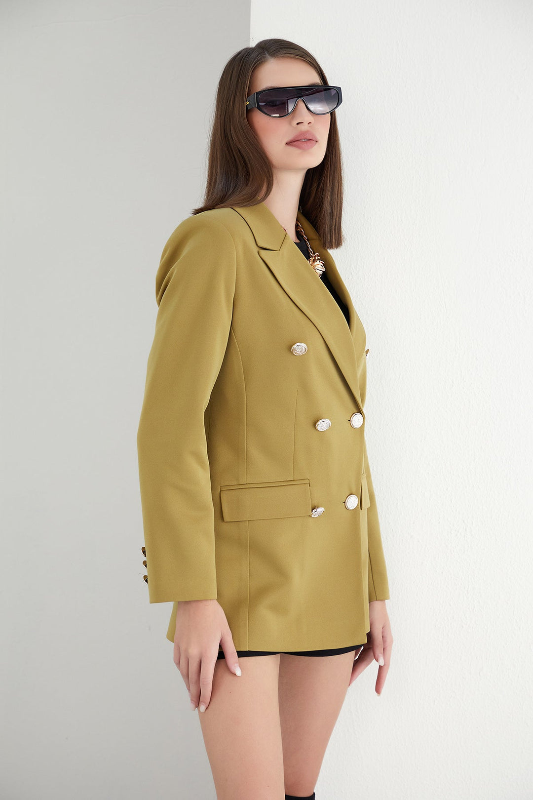 Double Breasted Blazer with Gold Buttons in Olive