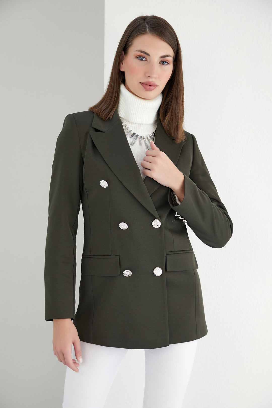 Double Breasted Blazer with Gold Buttons in Khaki