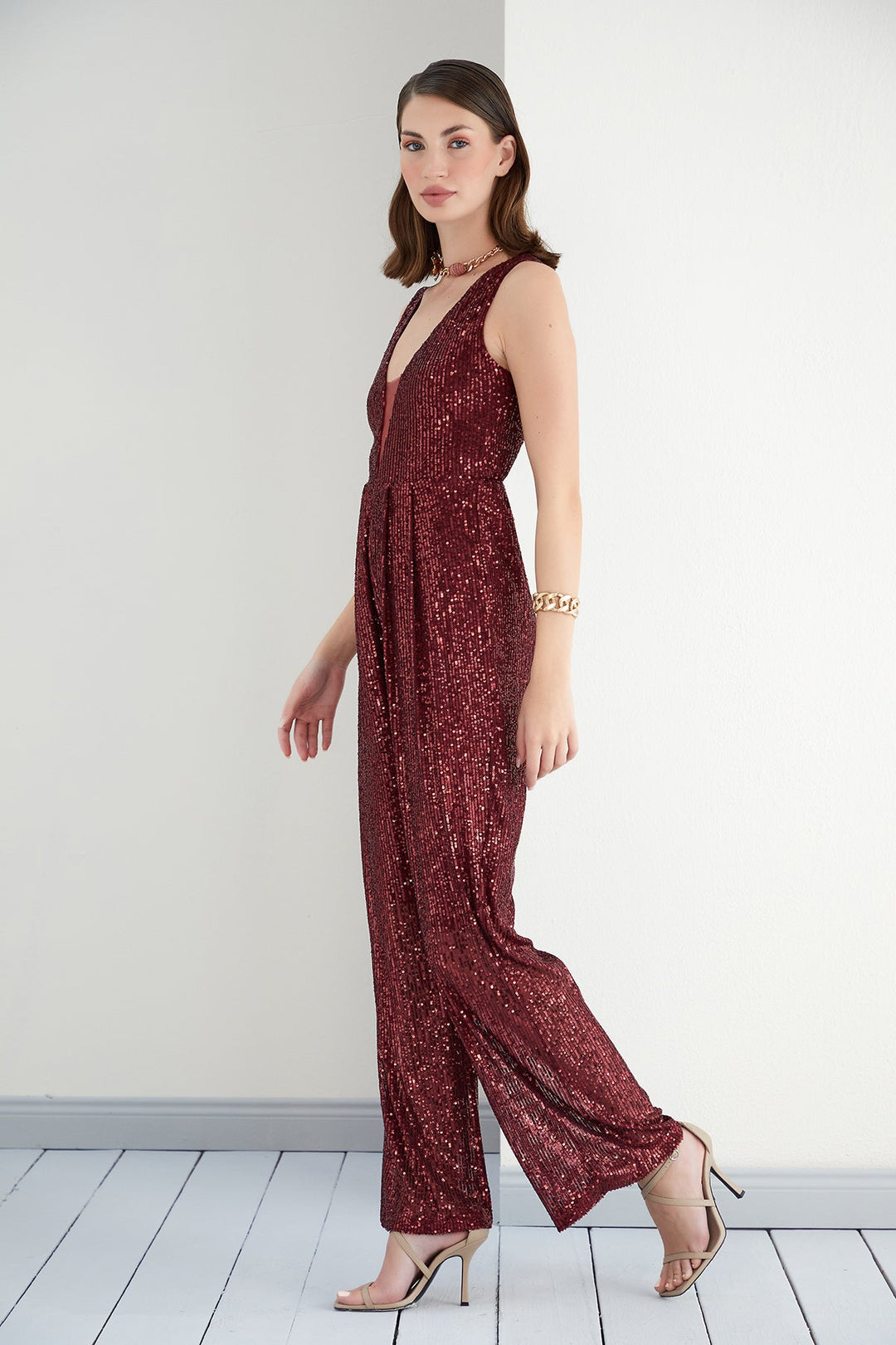 Sequin Sleeveless Maxi Wide Leg Jumpsuit in Burgundy - jqwholesale.com