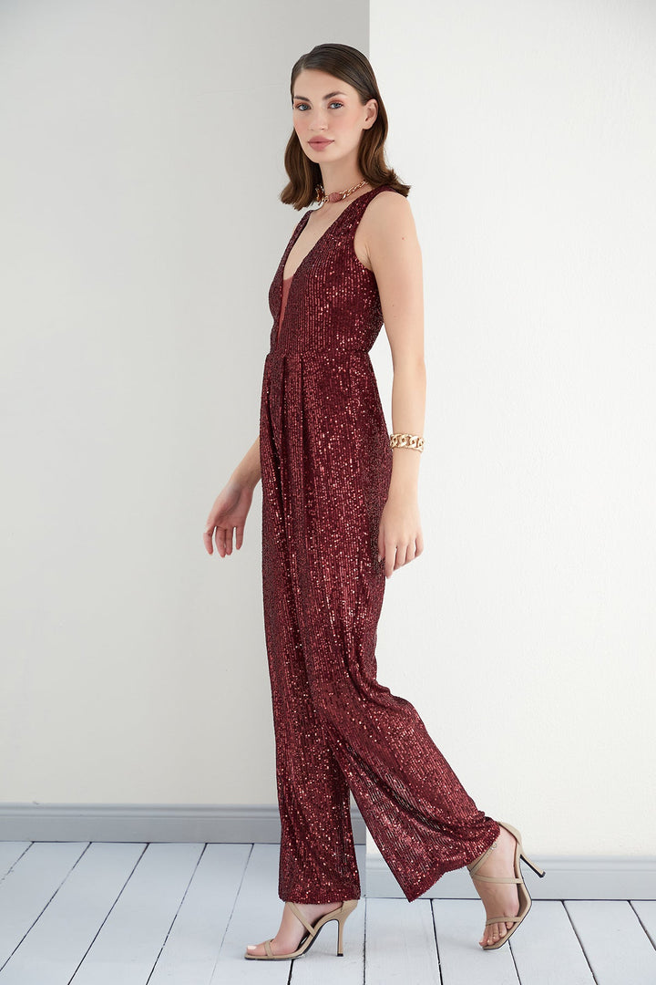 Sequin Sleeveless Maxi Wide Leg Jumpsuit in Burgundy - jqwholesale.com