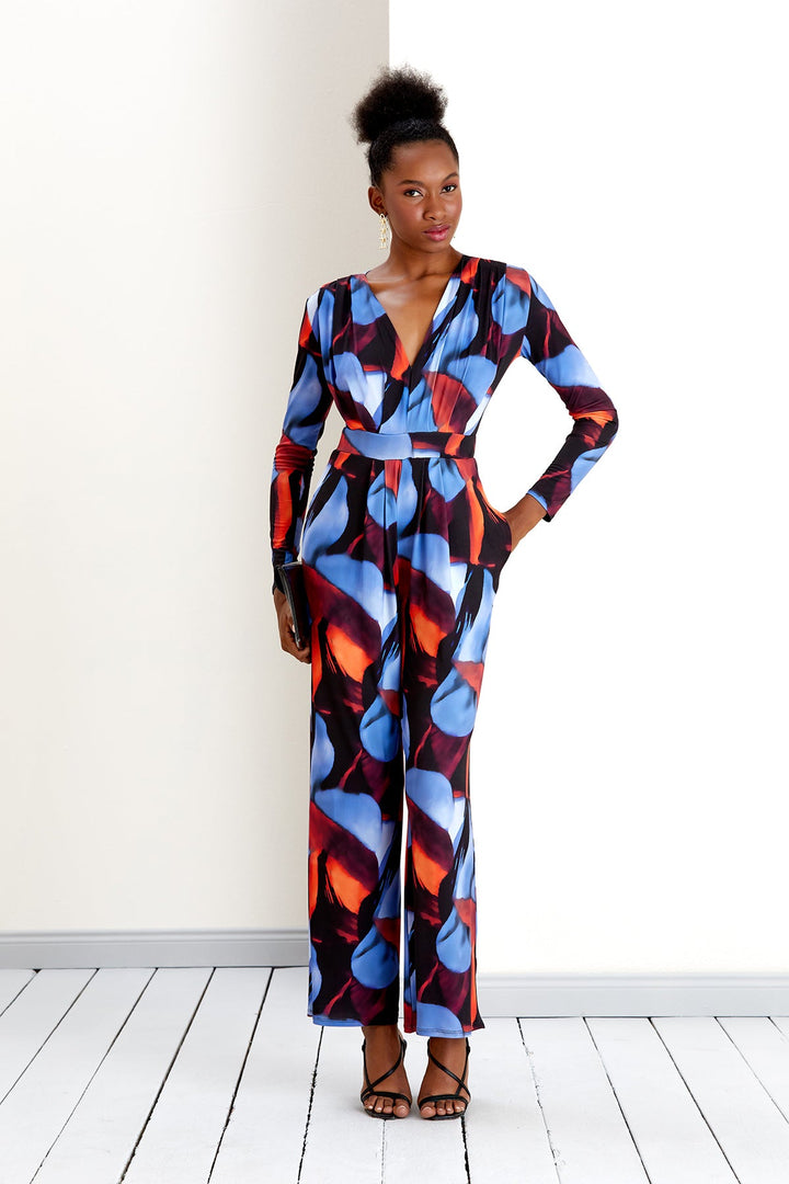 V Neck Long Sleeve Wide leg Jumpsuit in Blue/Red print - jqwholesale.com