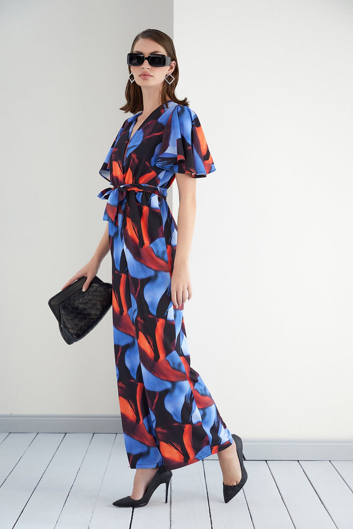 Angel Sleeve Wide Leg Wrap Maxi Jumpsuit in Blue Abstract print