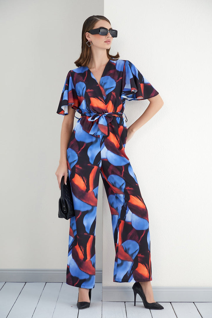 Angel Sleeve Wide Leg Wrap Maxi Jumpsuit in Blue Abstract print
