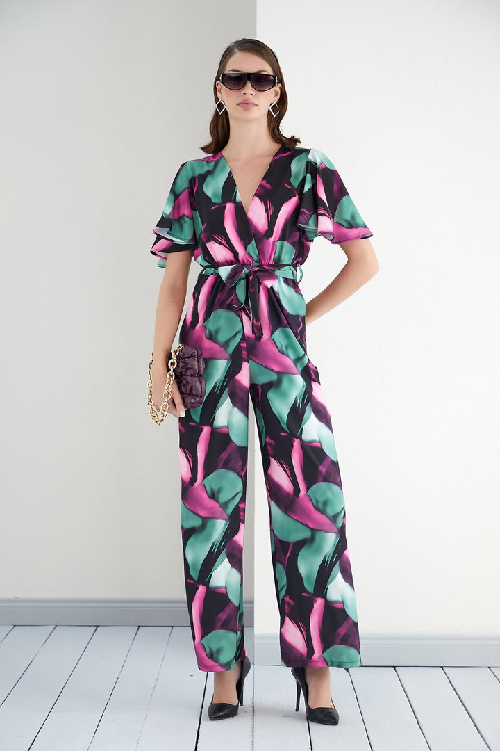 Angel Sleeve Wide Leg Wrap Maxi Jumpsuit in Green / Pink Abstract print
