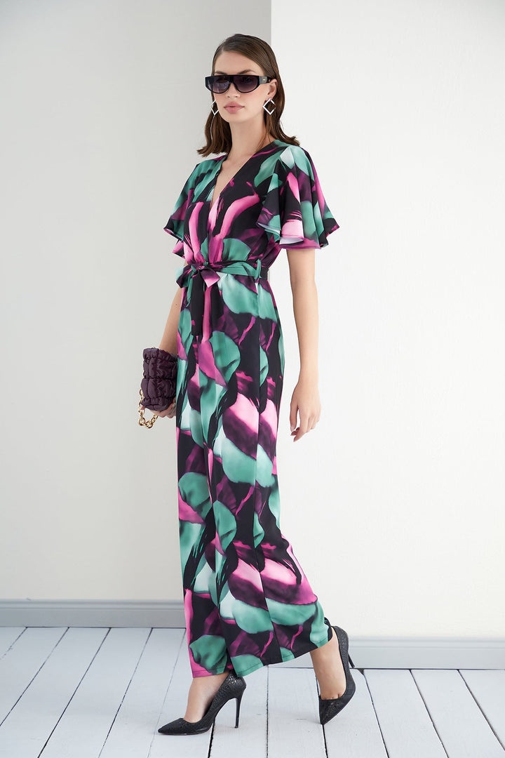 Angel Sleeve Wide Leg Wrap Maxi Jumpsuit in Green / Pink Abstract print